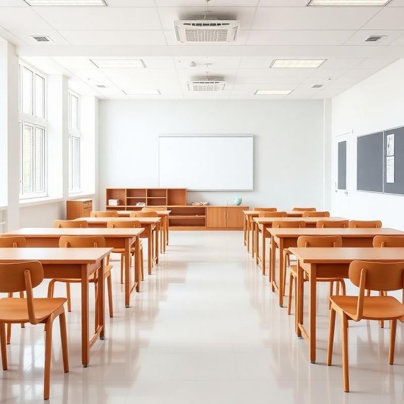 Aula con pupitres y mesas escolares